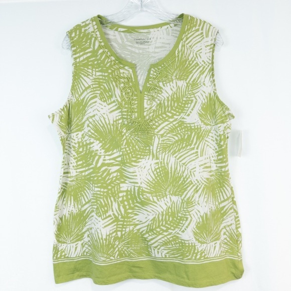 Charter Club‎ Rope Trim Palm Print Sleeveless Cotton Top Womens XL Green White